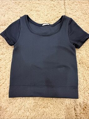 Athleta Girls Ribbed Short-Sleeve Scoop Neck Shirt - Navy